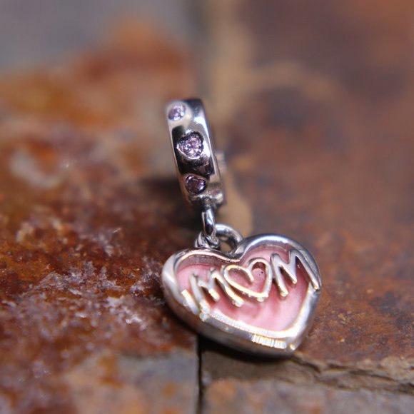 Pink Heart Mom Dangle Bracelet Charm - S925 Sterling Silver Fits Pandora - Picture 1 of 6